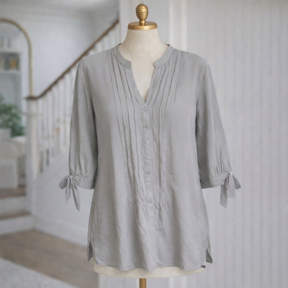 Club Monaco 100% Silk Long Tunic Blouse Bow Sleeves Button Down Sz 6